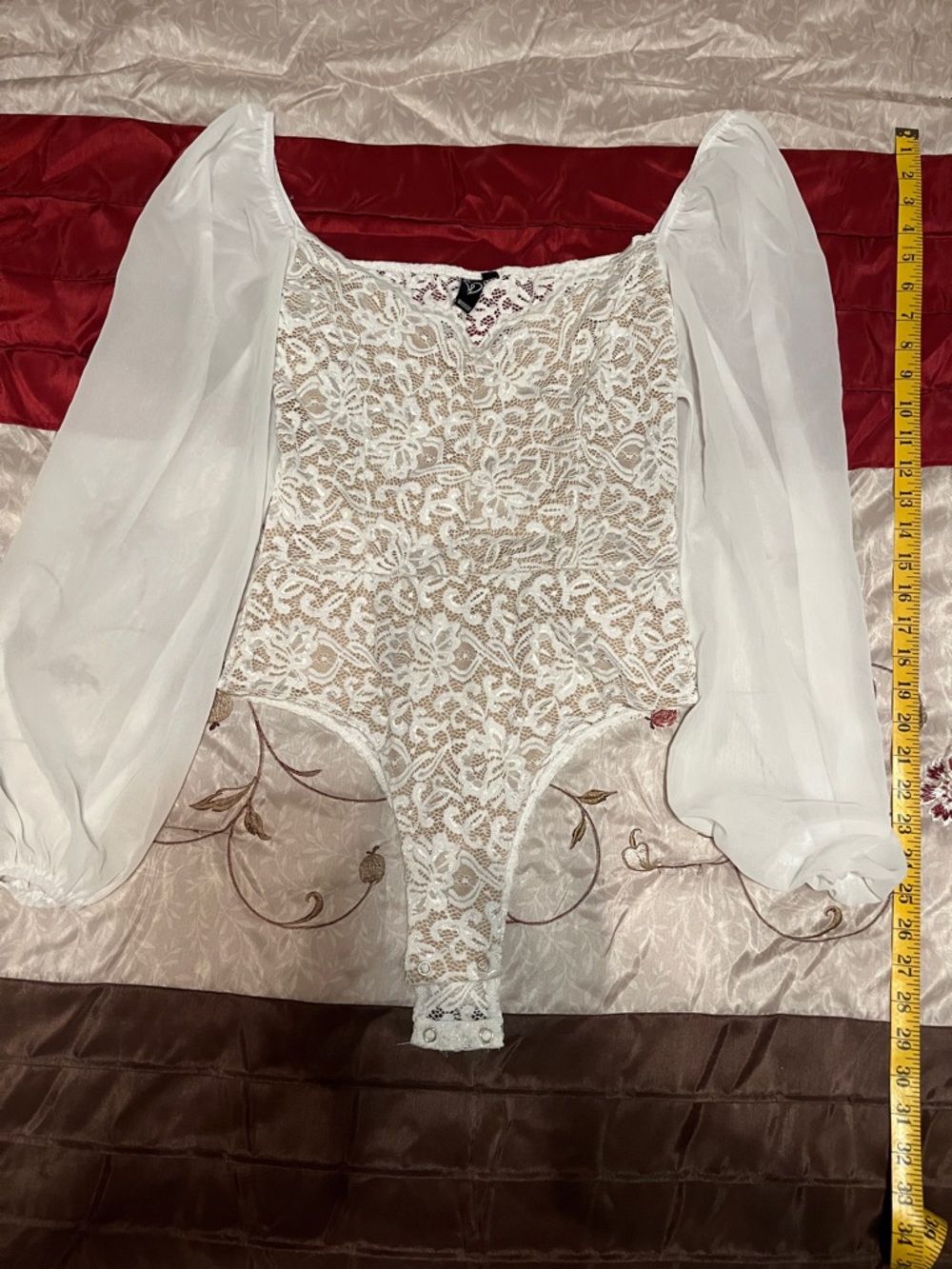 Windsor White Lace Puff-Sleeve Bodysuit